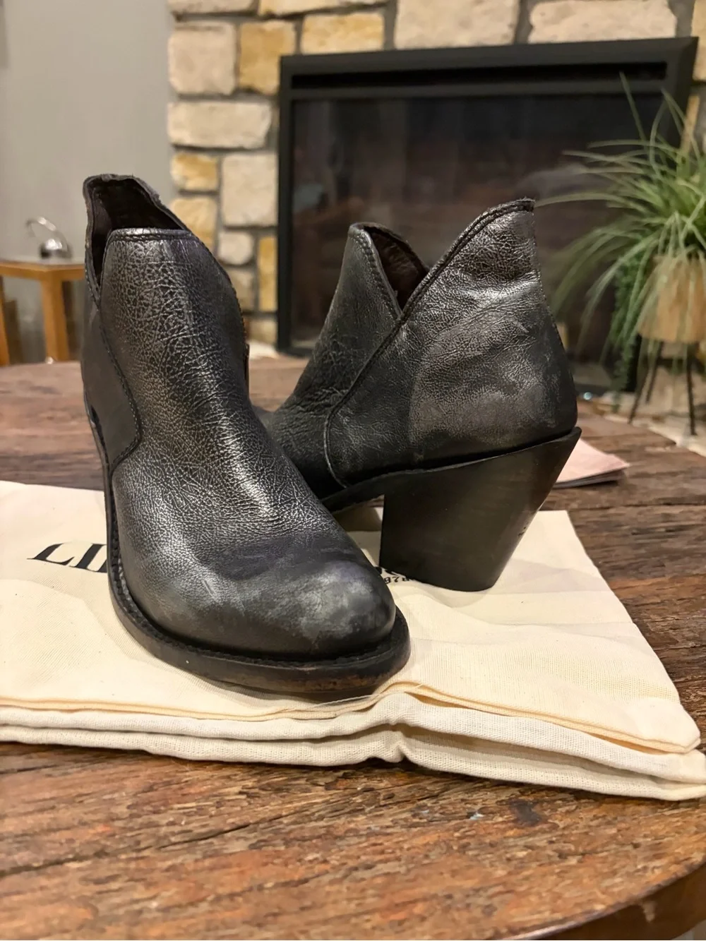 LIBERTY Black Metallic Black Leather Ankle Booties with Side Zip